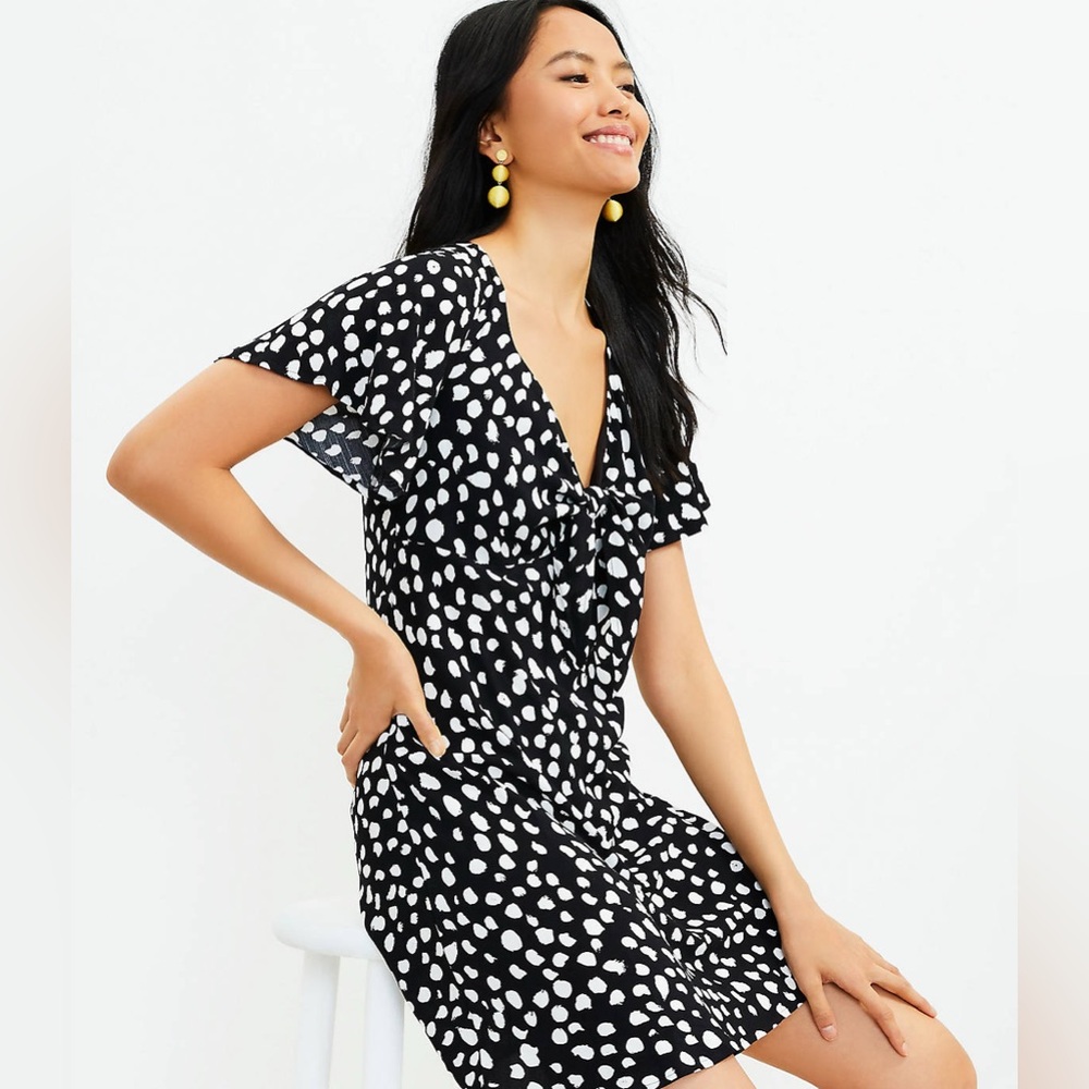 NEW $90 Ann Taylor LOFT Women’s Dotted Tie Front Flare Mini Dress Black/White XS